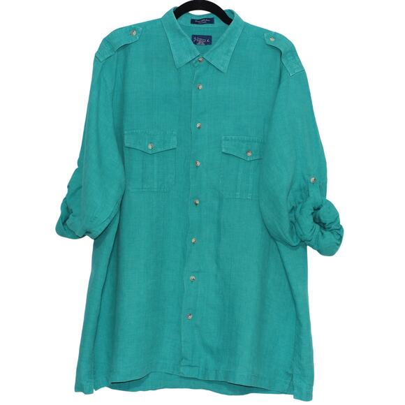 Vintage Paul Fredrick 100% Linen Button Up Blouse Teal Green XLT - Picture 2 of 7